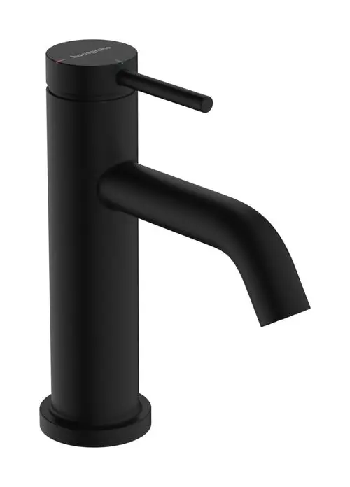 Schwarzer Einhebel-Waschtischmischer von Hansgrohe mit hohem Auslauf und seitlichem Hebel zur Wasserregulierung. Minimalistisches Design, geeignet für moderne Badezimmer.